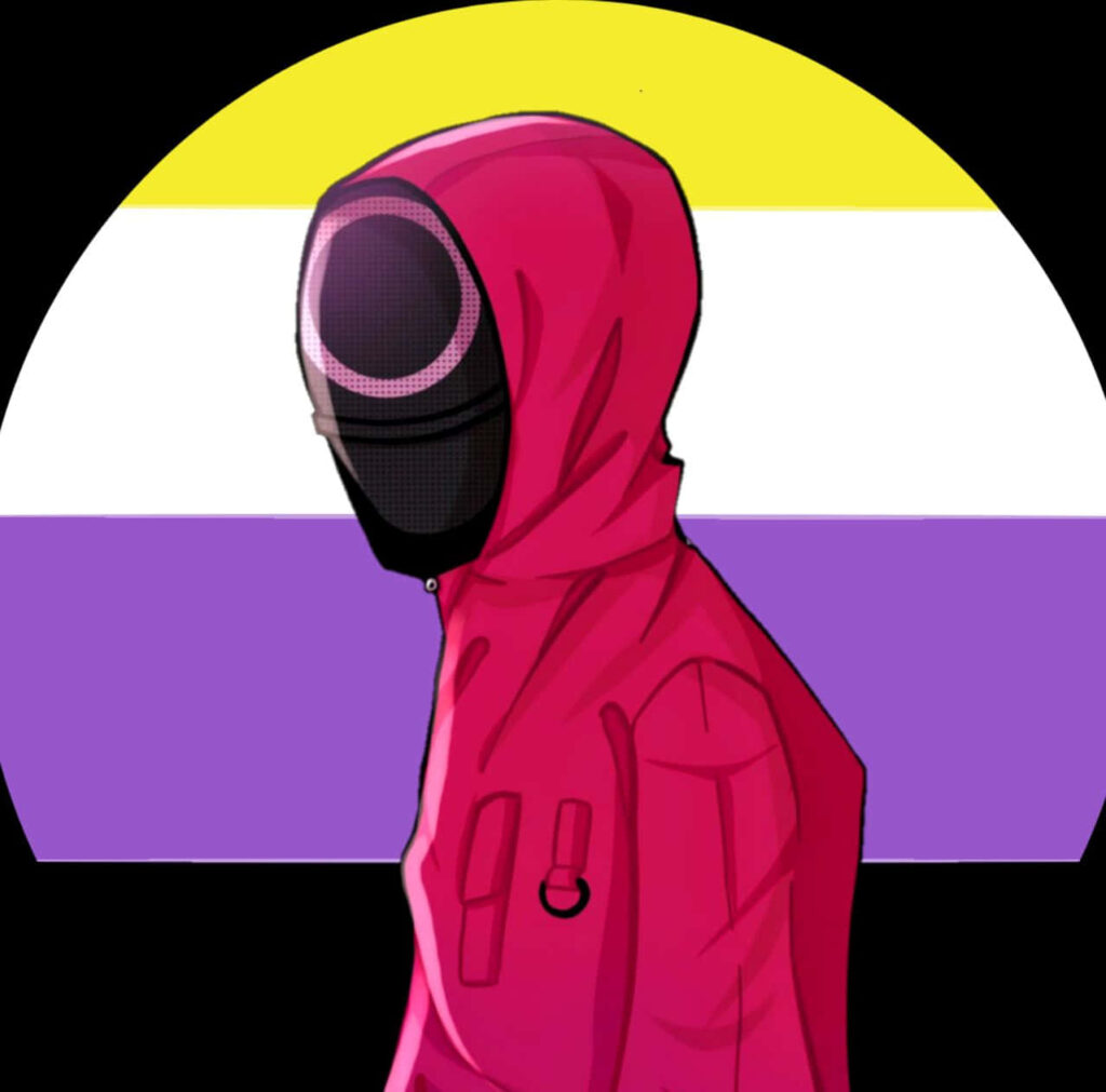 Prideful Protector: Squid Game Guard Embraces Non-Binary Pride Wallpaper
