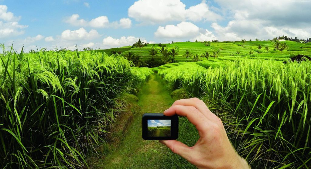 POV shot of hand holding GoPro capturing vibrant green rice terraces with blue sky outdoors Wallpaper