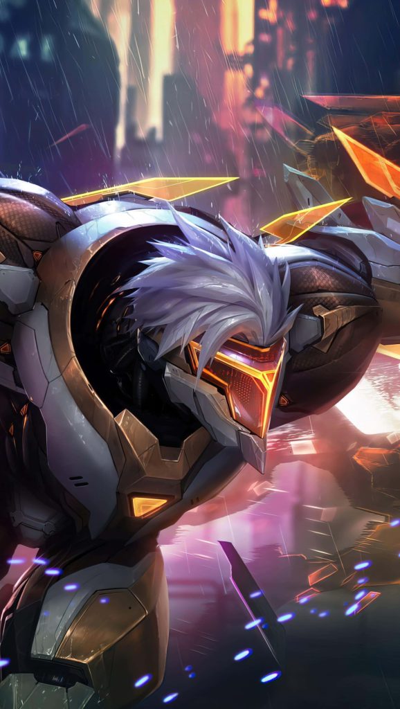 PROJECT Zed wallpaper League of Legends cybernetic assassin with glowing visor in futuristic city