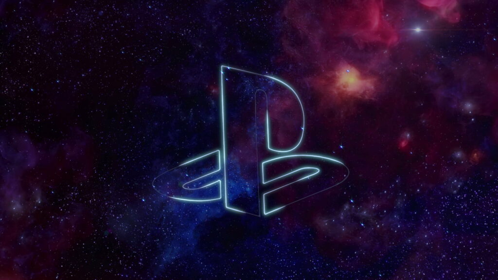 Glowing PlayStation logo wallpaper with vibrant blue and purple nebula 4K cosmic background
