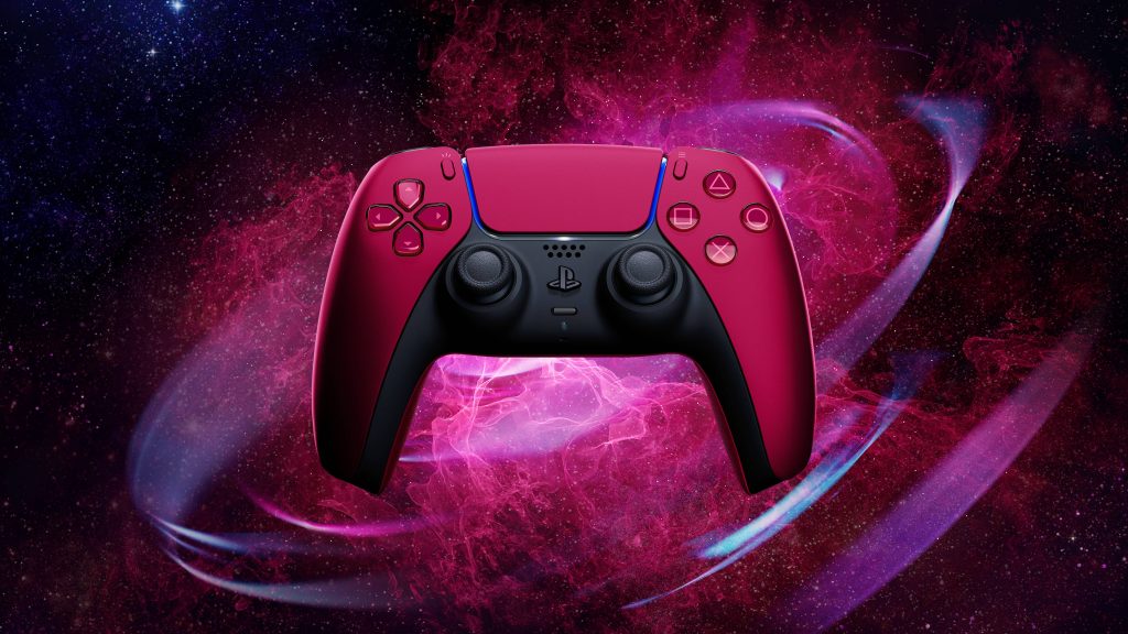 PS5 Cosmic Red DualSense controller wallpaper with vibrant deep-space nebula and light trails