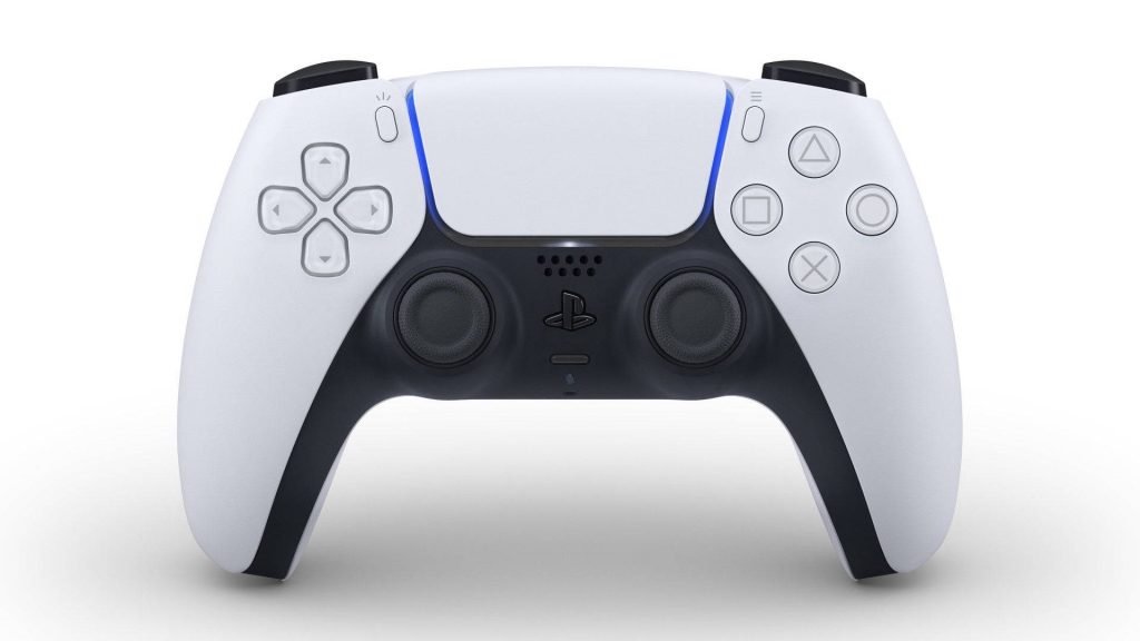 PS5 DualSense controller with white black design blue LED lighting high quality render wallpaper