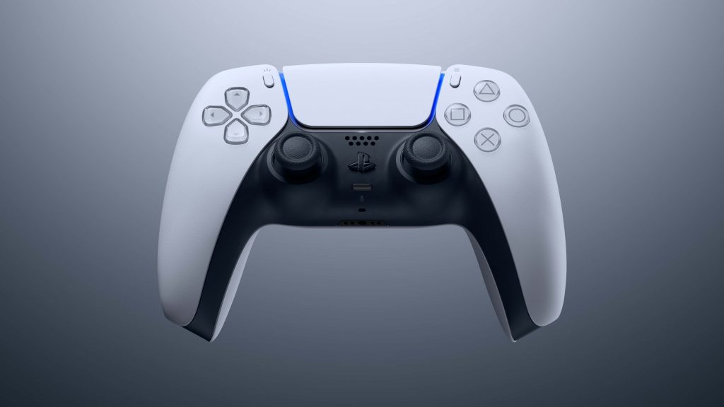 Sleek PS5 DualSense controller wallpaper with ergonomic design and blue accent lighting on grey background