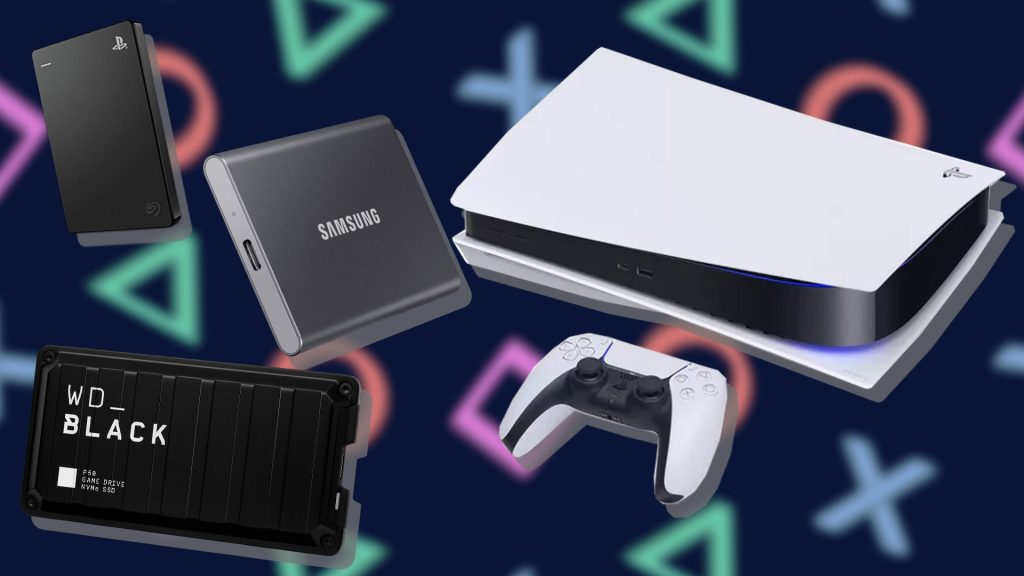 PlayStation 5 with DualSense controller and WD_BLACK Seagate Samsung SSDs on dark blue background Wallpaper