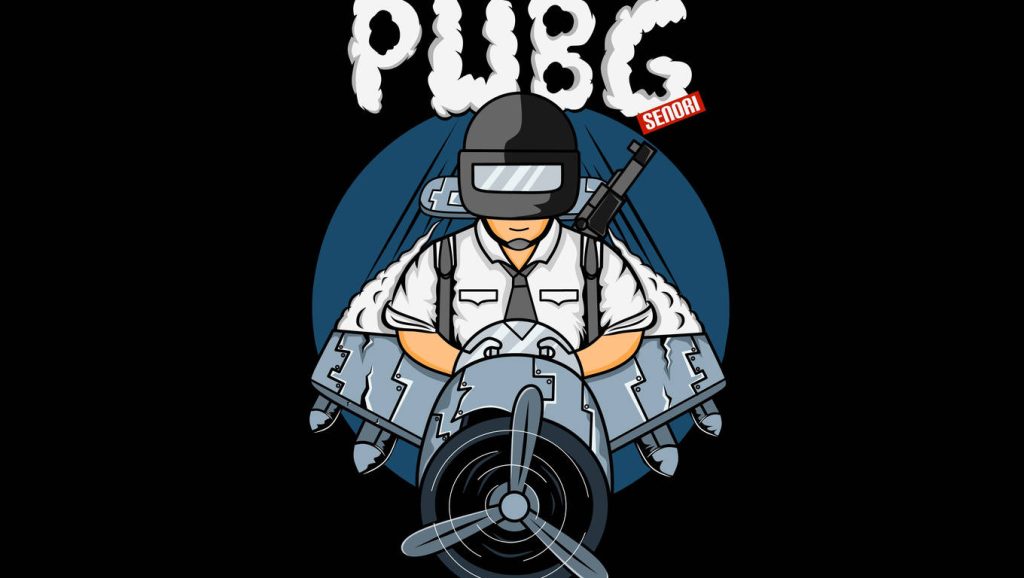 PUBG wallpaper with character in Level 3 helmet flying propeller plane vibrant Simpsons style art