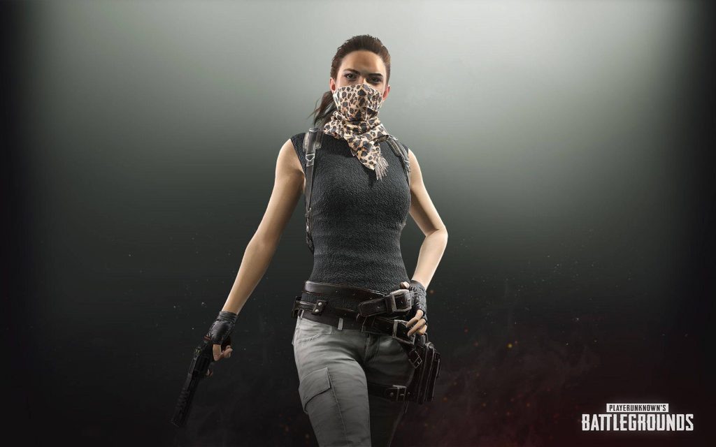 Masked female PUBG player in tactical gear with leopard bandana holding pistol on smoky background Wallpaper