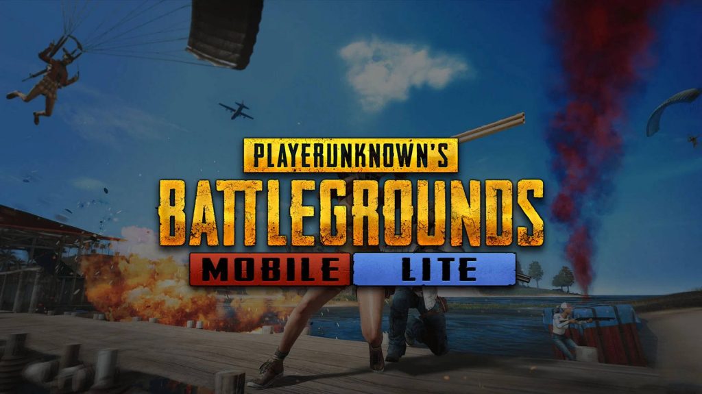 PUBG Mobile Lite wallpaper with battle royale scene parachuters explosions and red smoke background