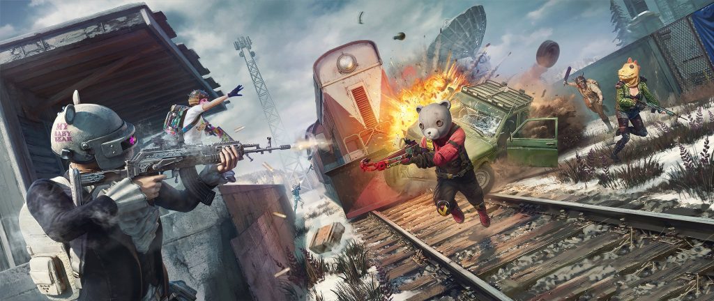 PUBG trainyard battle with armored players in bear and dinosaur masks by fiery explosion Wallpaper