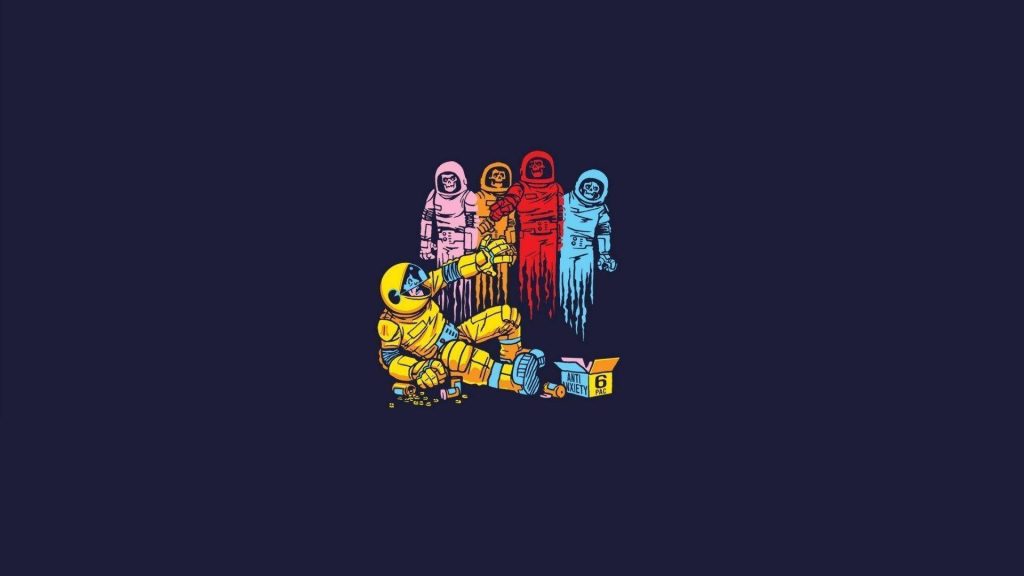 Digital illustration of overwhelmed yellow Pac-Man astronaut with colorful ghost spacemen background Wallpaper