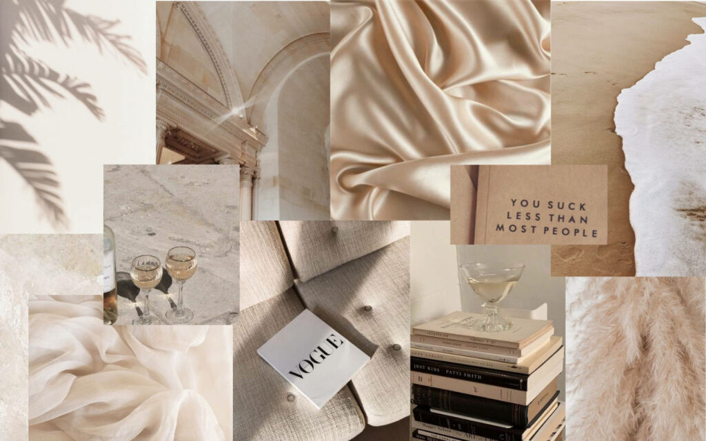 Beige Aesthetic Collage: Silky Fabrics, Architectural Details, Beach Waves, Crystal Glasses, Vogue Books Wallpaper