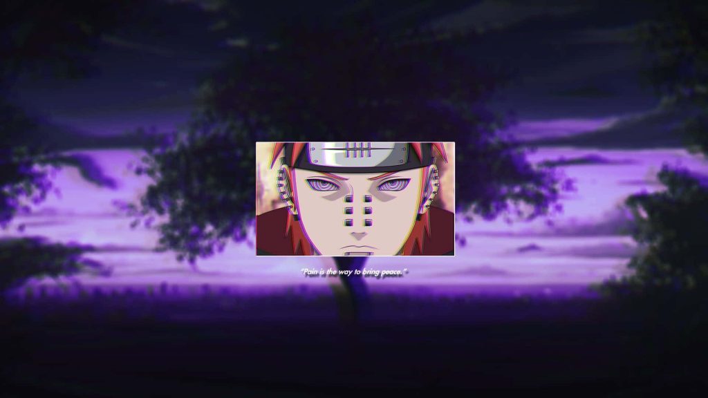 Naruto Pain Deva Path wallpaper with Rinnegan piercings dark purple background quote peace