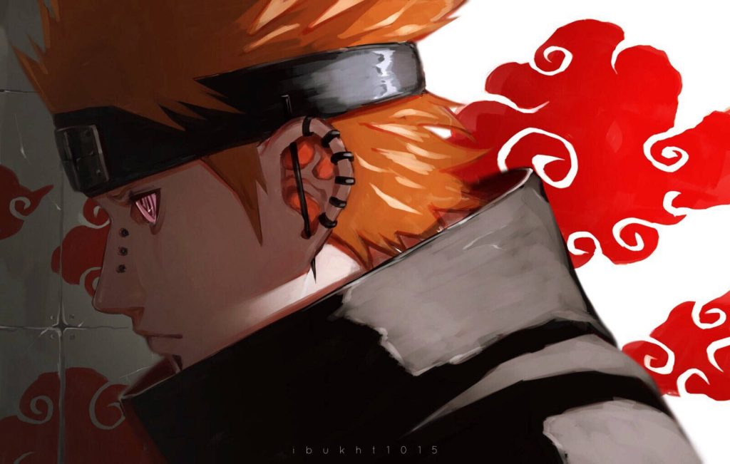 Digital illustration of Pain from Naruto with Rinnegan and Akatsuki cloak side profile wallpaper