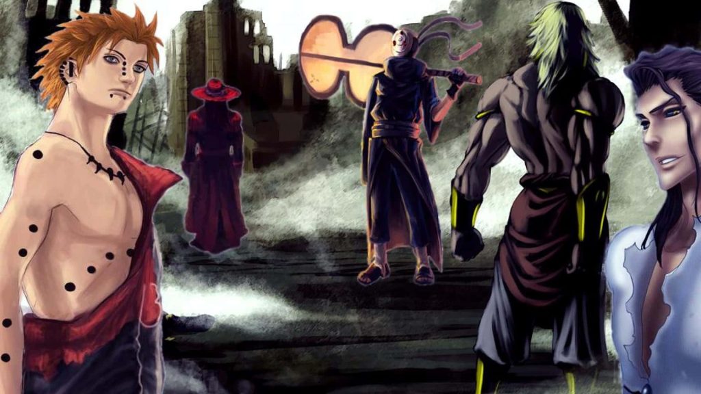 Pain and Obito Uchiha Naruto anime wallpaper intense fiery faceoff moody ruined landscape background