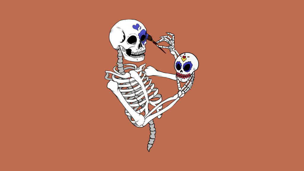 Artistic Bones: Digital Painting of Cute Skeleton Creating its Masterpiece on Iphone Wallpaper