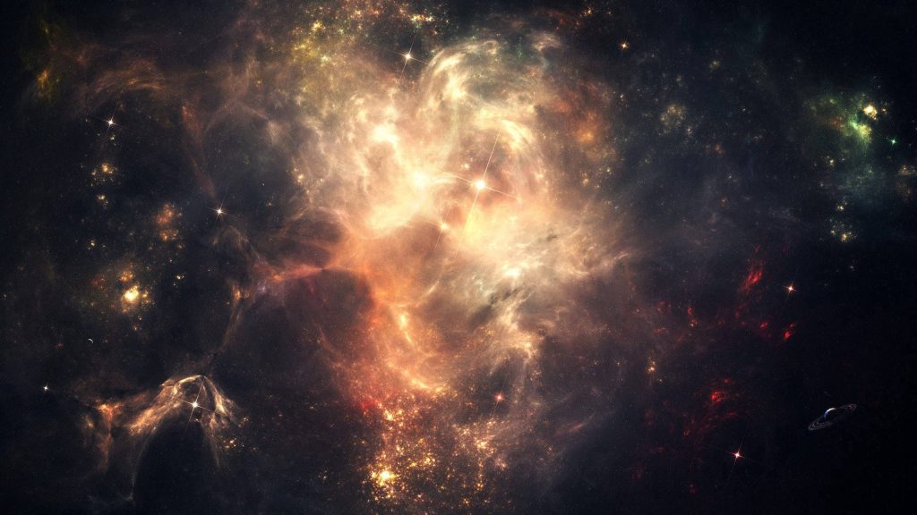Pale gold space wallpaper with swirling nebula glowing stars and small ringed planet background