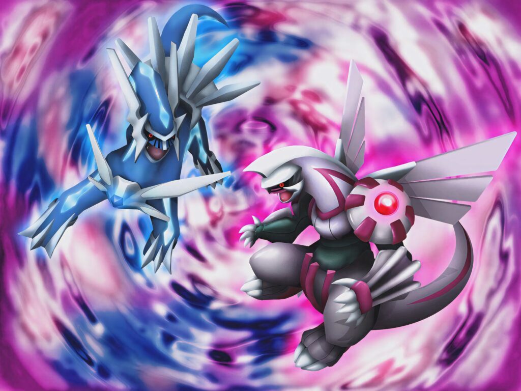 Palkia and Dialga face off in vibrant cosmic vortex digital art wallpaper background