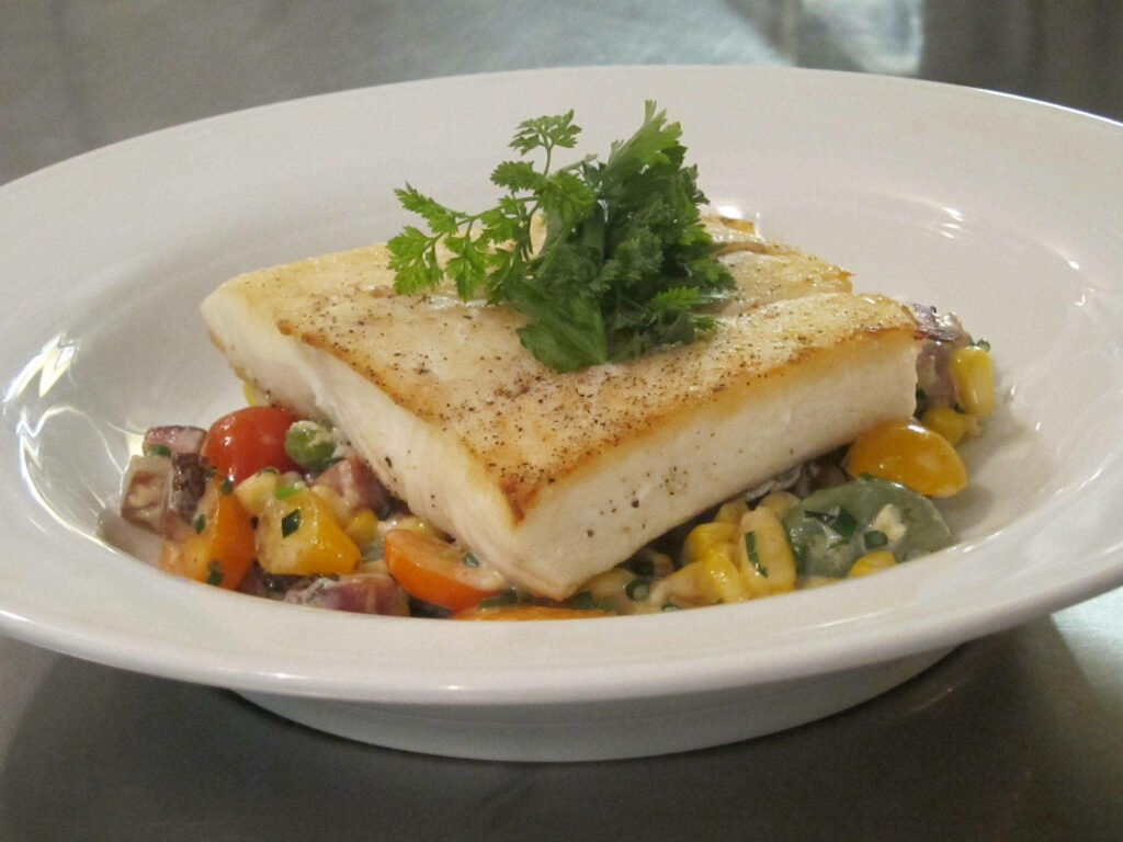 Pan-Fried Halibut with Colorful Veggies - Gourmet Dining Wallpaper