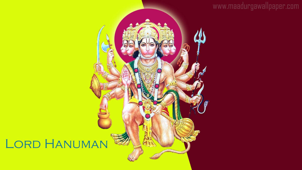 Radiant Panchmukhi Hanuman kneeling with sacred weapons on yellow and deep red background wallpaper