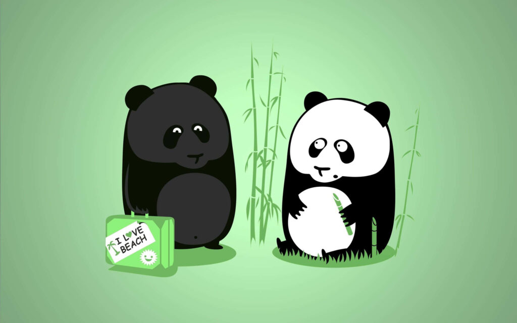 Whimsical Travel Companions: Playful Black and White Cartoon Pandas with a Vibrant Green Suitcase in a Charming Wallpaper Background