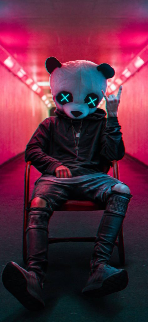 Digital art wallpaper of Panda Boy in neon pink tunnel with glowing cyan eyes streetwear style
