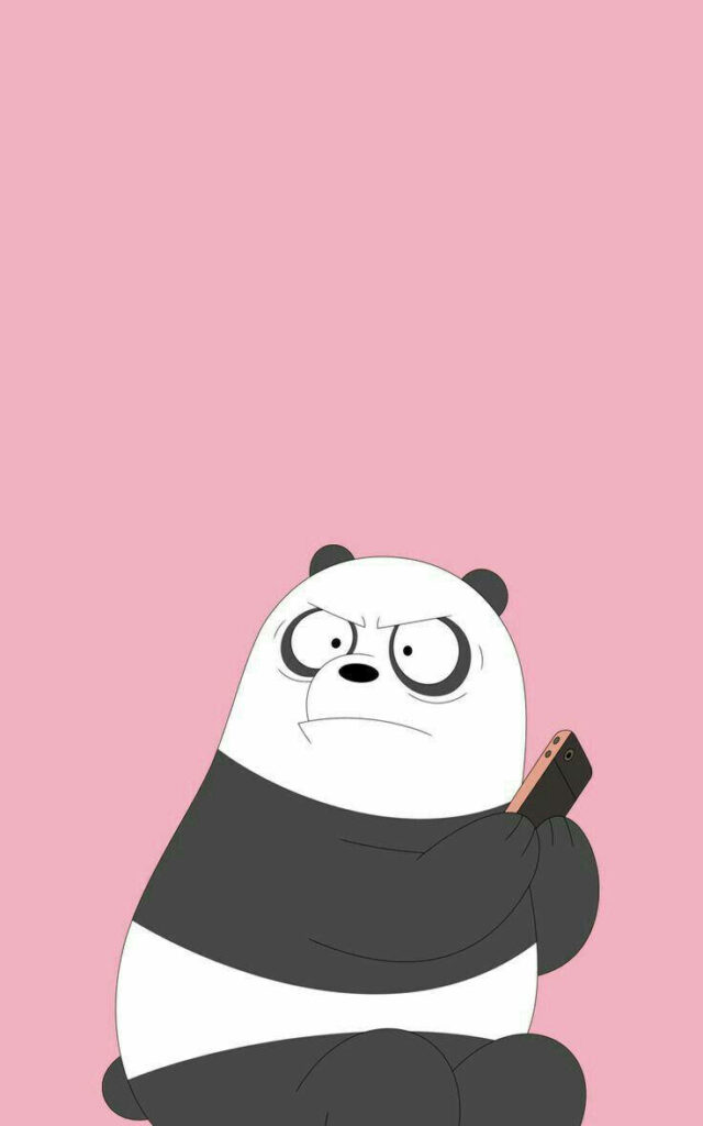 Panda's Playful Tech Break — We Bare Bears' Cute Cub Captivated by His Phone against a Pink Backdrop Wallpaper