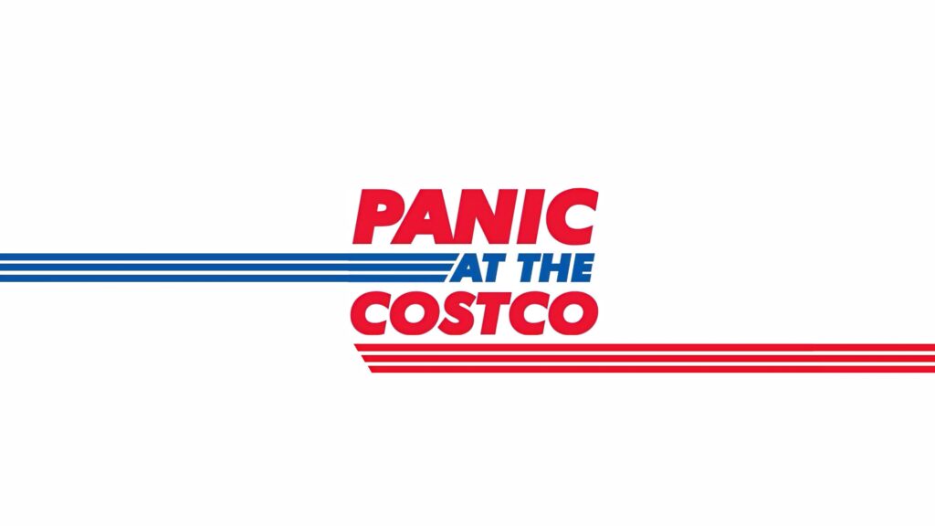 Minimalist wallpaper with bold Panic at the Costco red and blue typography on white background