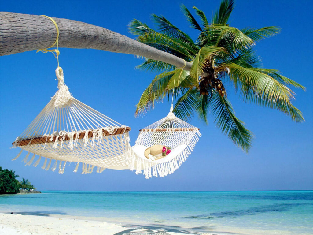 Paradise Found: Tranquil Beach Retreat with Azure Waters, Palm Trees, and Endless Skies Wallpaper