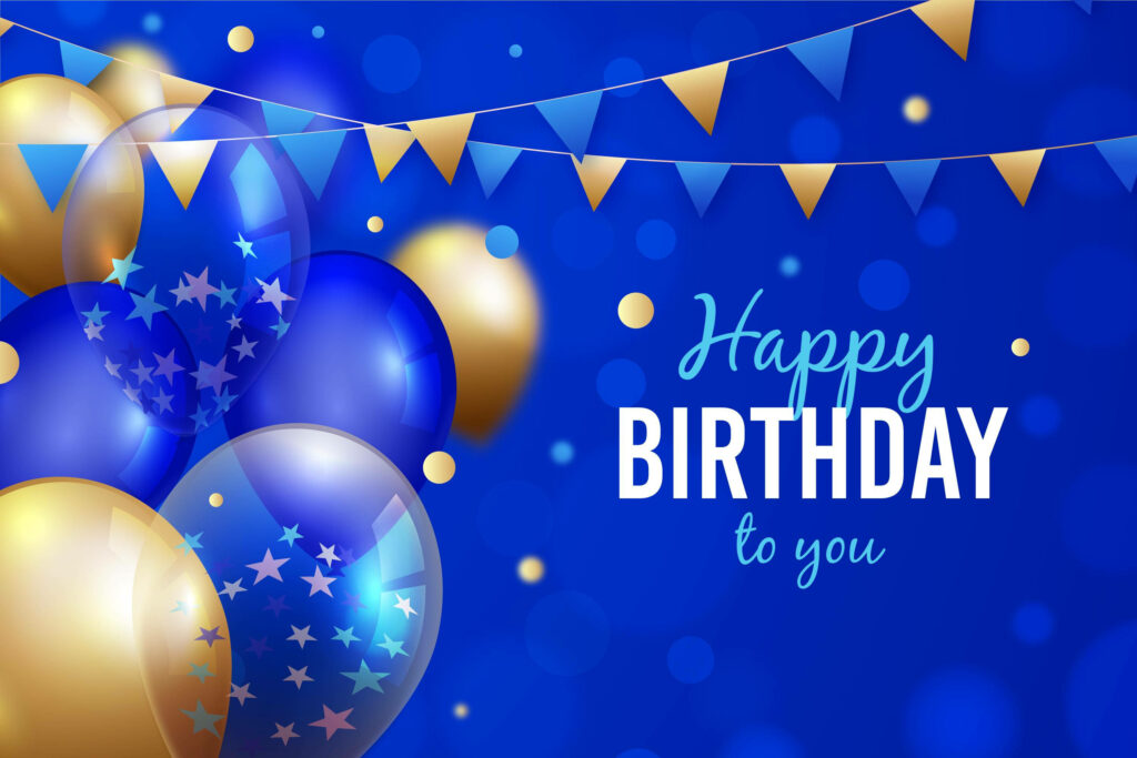 Party Extravaganza: Vibrant Blue and Gold Birthday Greeting Card Surrounded by Festive Decor on a Dreamy Background Wallpaper