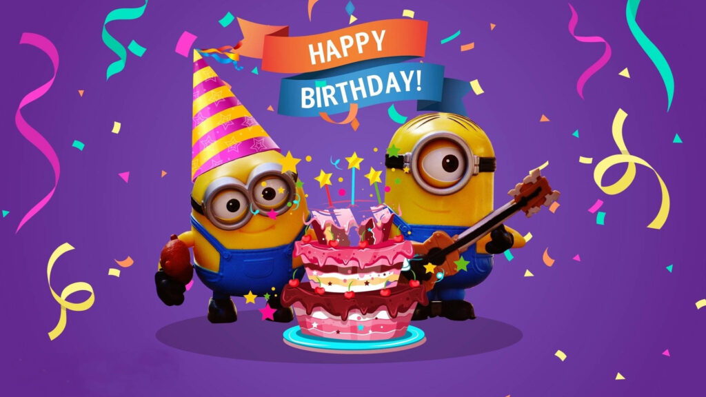 Celebrating in Style: Colorful Minions Have a Blast at a Vibrant Purple Birthday Bash Wallpaper