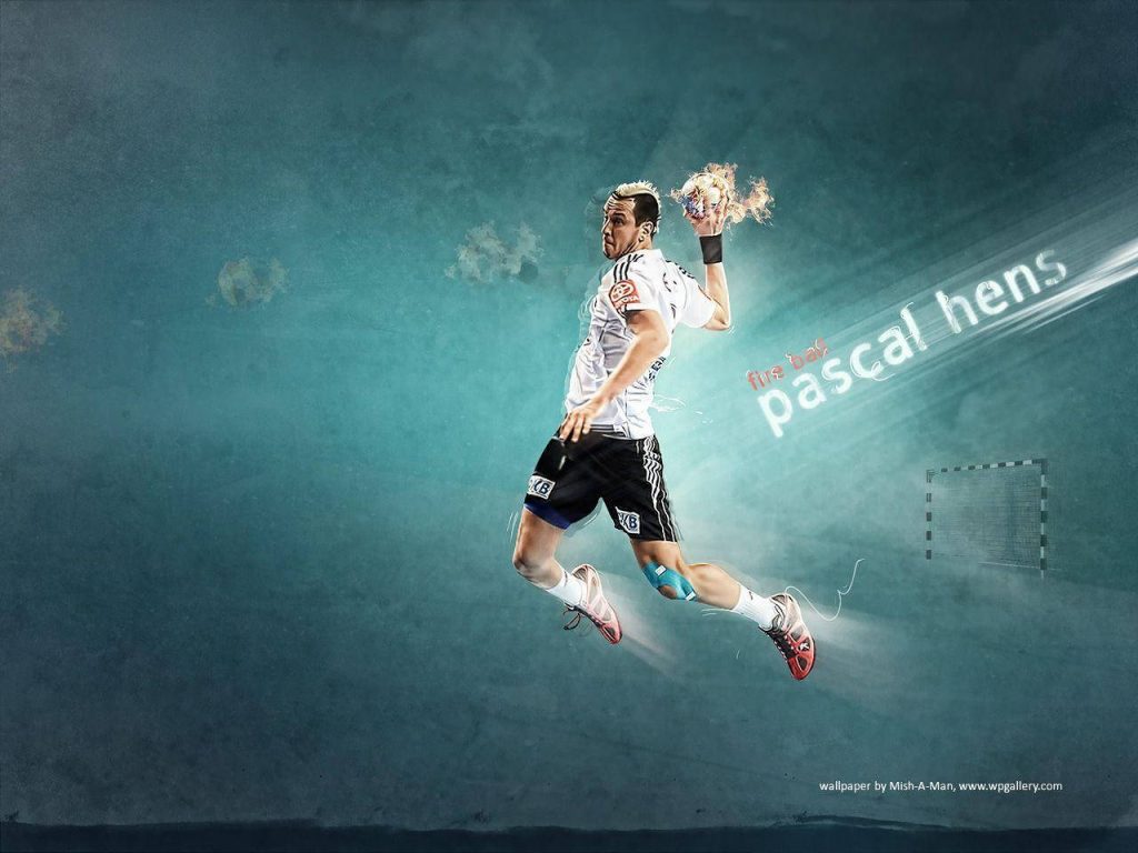 Pascal Hens German handball player leaping to throw flaming ball against moody teal background Wallpaper