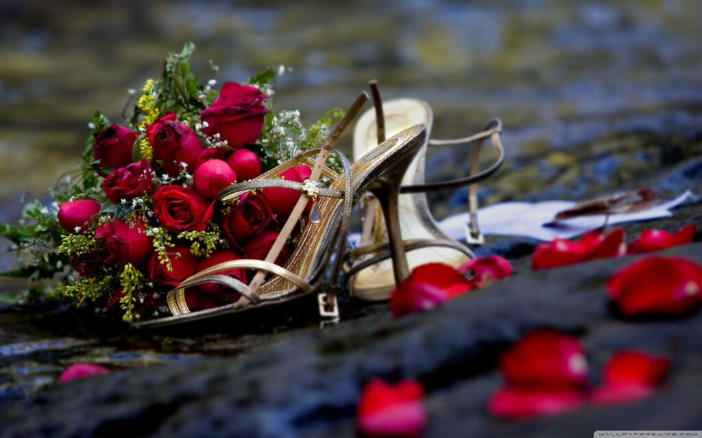 Enchanting Elegance: A Floral Fairytale with Red Wedding Roses and Gilded Stilettos Wallpaper