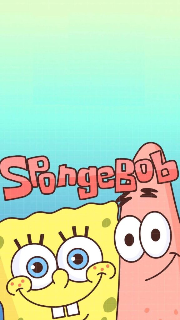 Pastel SpongeBob Patrick wallpaper with gradient background and subtle grid for mobile screens