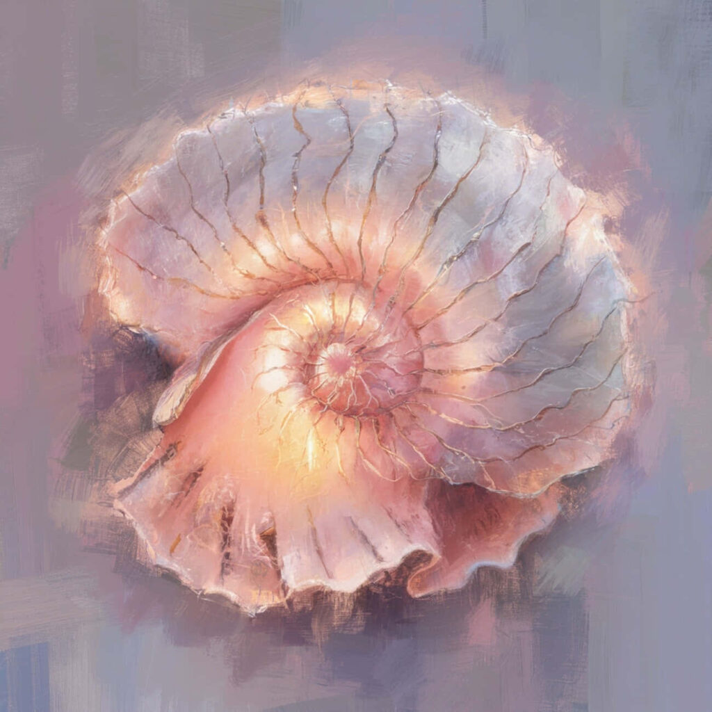 Ammonite fossil wallpaper with pastel hues and intricate spiral shell texture background