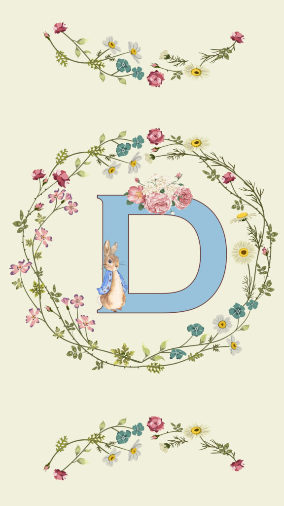 Pastel blue letter D wallpaper with floral garlands and a cute rabbit in a blue coat