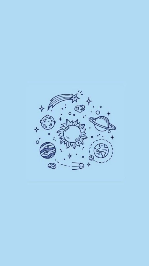 Pastel Blue Minimalist Solar System Wallpaper - Doodle Style