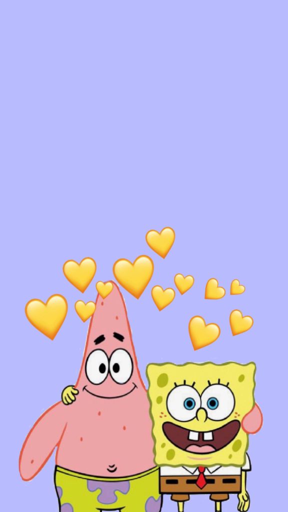 Pastel blue SpongeBob and Patrick smiling with yellow hearts on soft blue friendship wallpaper
