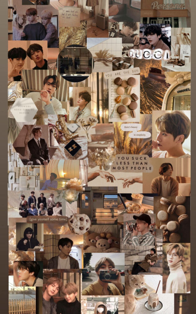 BTS Dreamscape: Ethereal Fanart Capturing the Members in a Serene Pastel Brown Melange Wallpaper