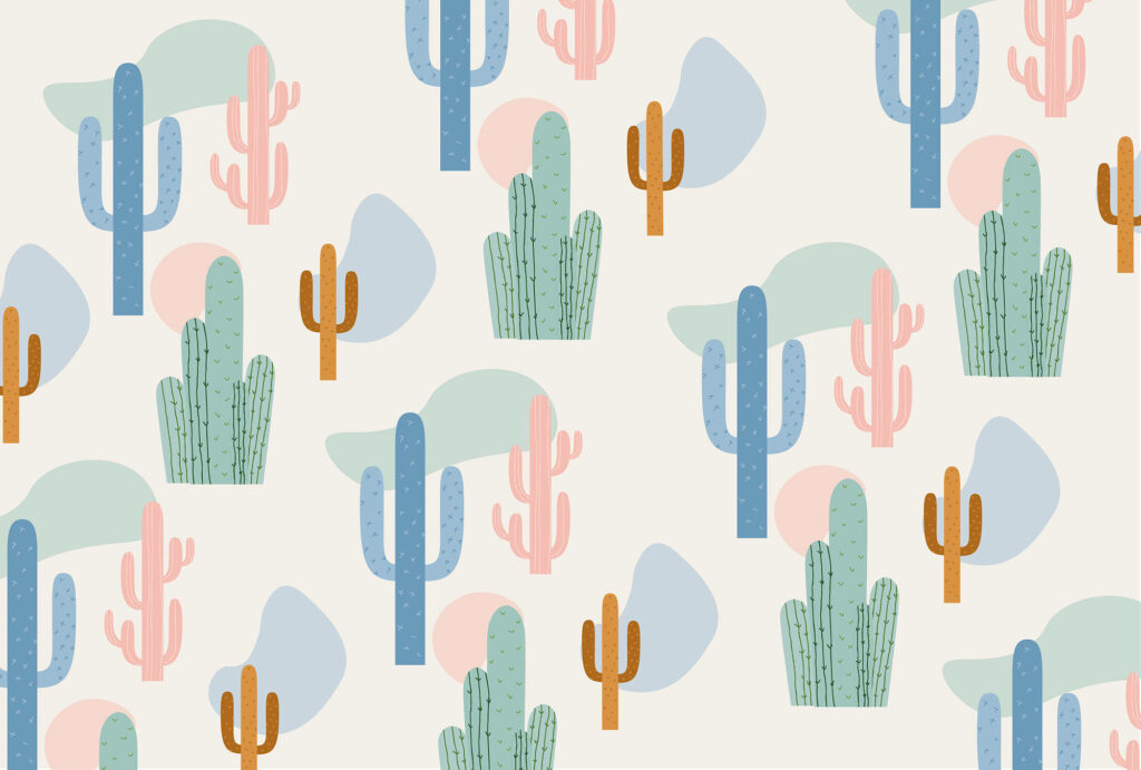 Pastel cacti pattern wallpaper in blue green pink brown on soft baby pink desert background