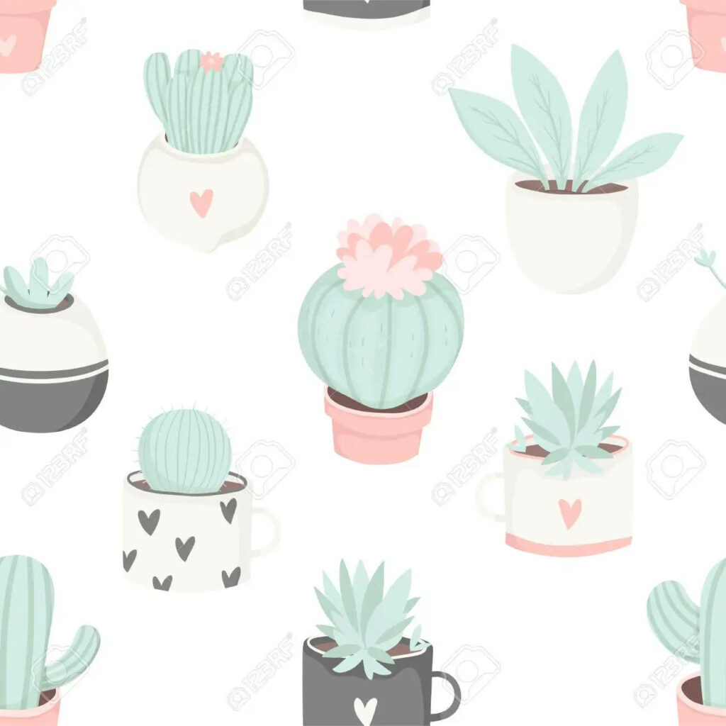 Pastel cacti and succulents in cute pots and mugs whimsical botanical wallpaper background
