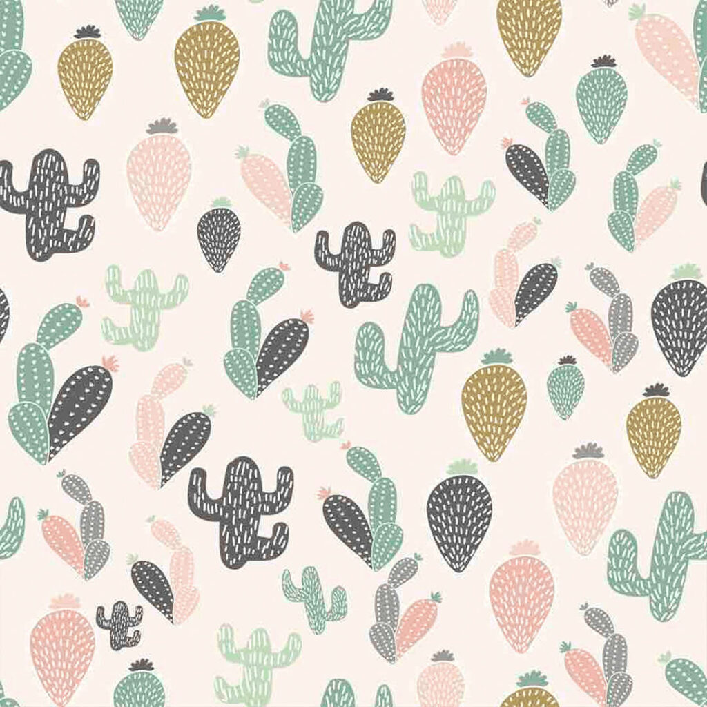 Pastel cactus pattern wallpaper with soft green pink yellow and gray desert-inspired design