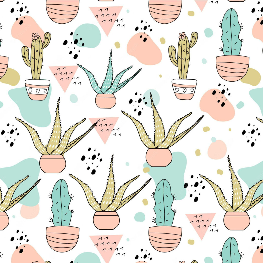 Pastel cactus wallpaper with hand-drawn succulents and abstract shapes in soft pink and mint