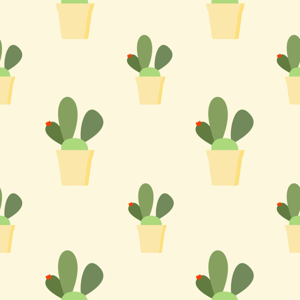 Pastel cactus pots with green cacti and red flowers on soft yellow playful wallpaper pattern