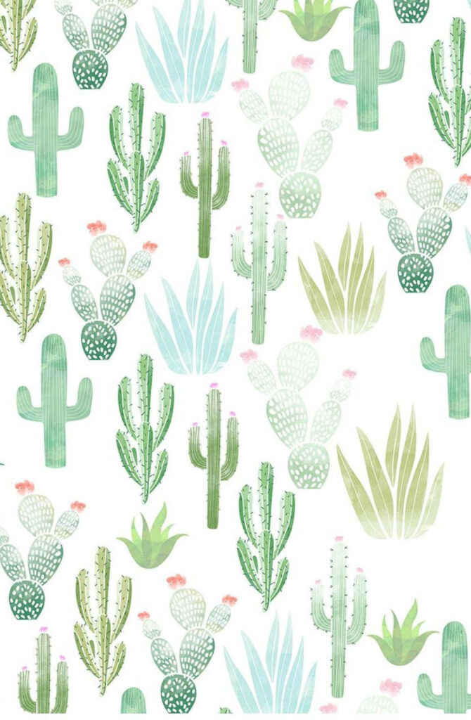 Pastel cactus pattern wallpaper with soft green and blue succulents fresh botanical design