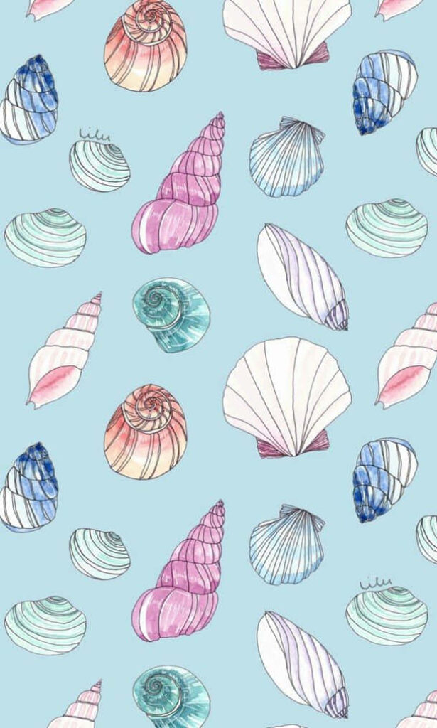 Pastel seashell pattern wallpaper with cockle shells in soft pink blue and cream tones