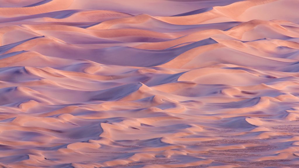 Pastel sand dunes with soft pink and purple light creating a calming desert landscape wallpaper