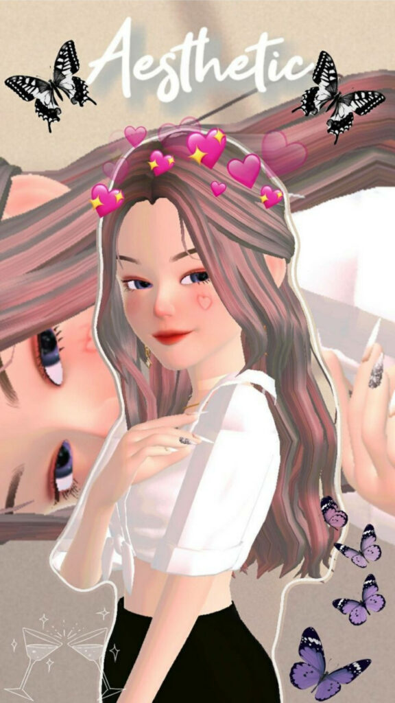 Aesthetic Dream: Pastel Pink Wavy-Haired Zepeto Avatar Girl Embracing Butterfly Bliss Wallpaper