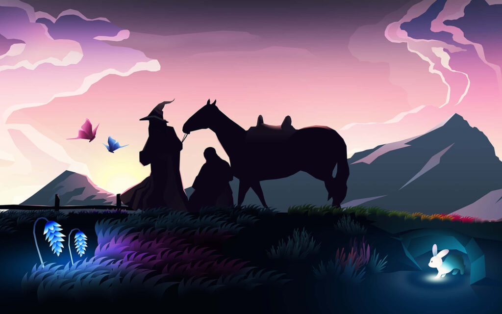 Pastel Dusk Scene with Wizard, Horse, and Whimsical Glow Wallpaper