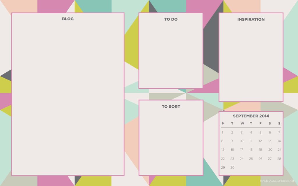 Geometric pastel desktop wallpaper with labeled sections and September 2014 calendar for organization