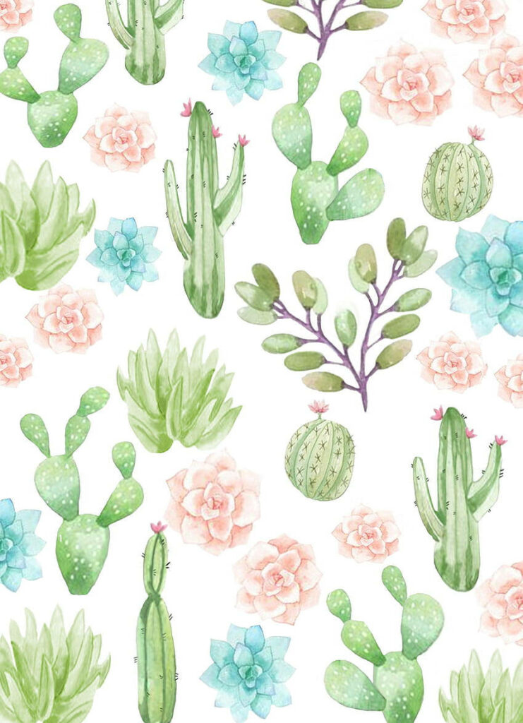Pastel mobile wallpaper with cute green cacti and soft pink flowers botanical background