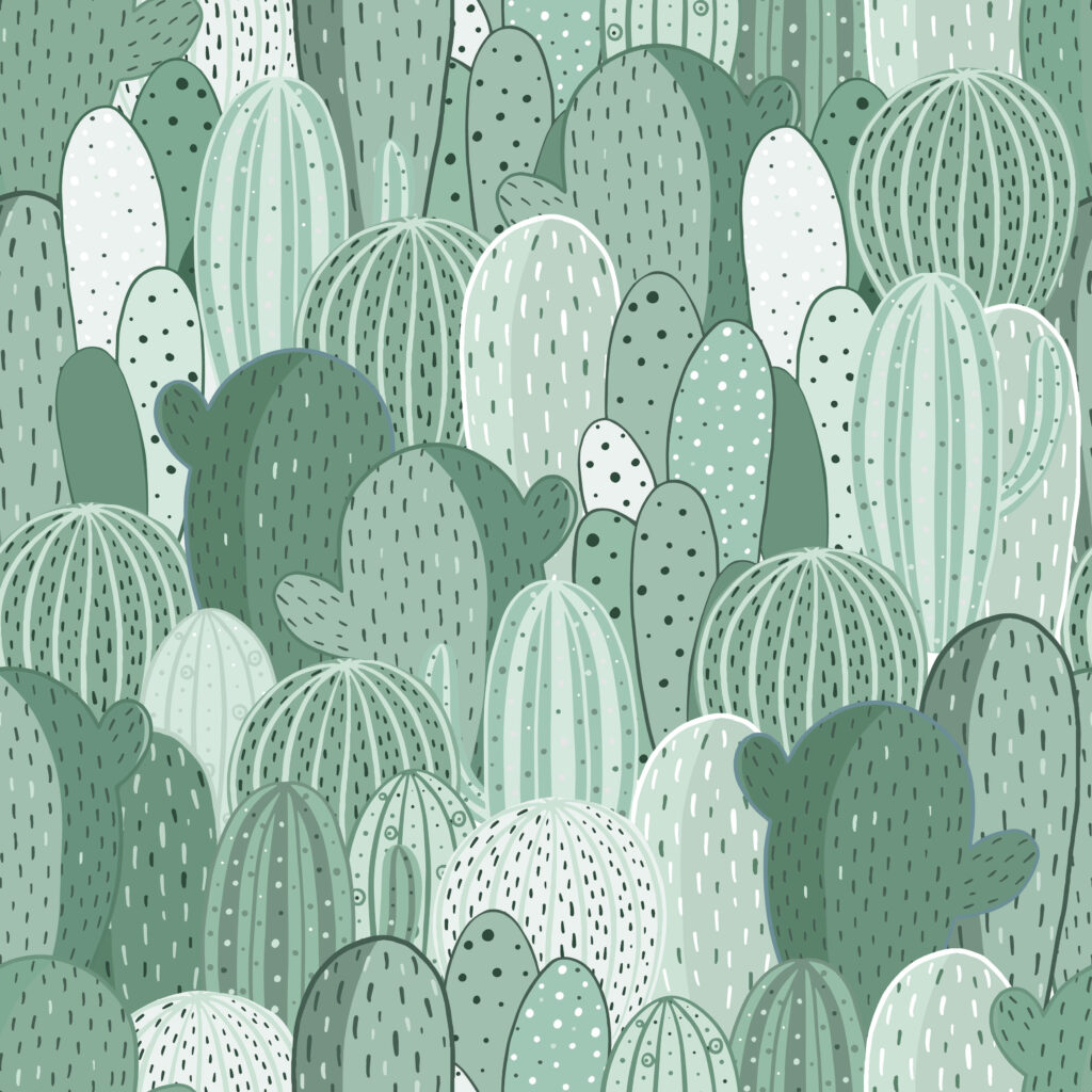 Pastel green cactus leaves wallpaper with whimsical botanical pattern and textured shapes